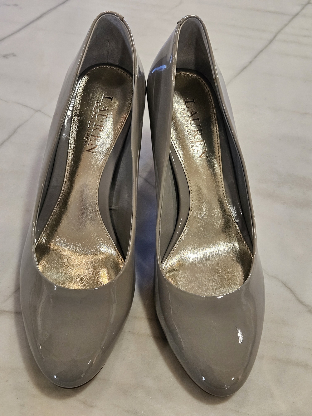 Lauren Ralph Lauren Hala Patent Pumps Grey Glossy Block Heel Size 6.5 B